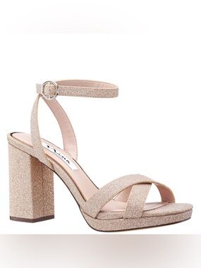NINA Shelia Nude Glitter Net Block-Heel Platform Sandals With Ankle Strap
